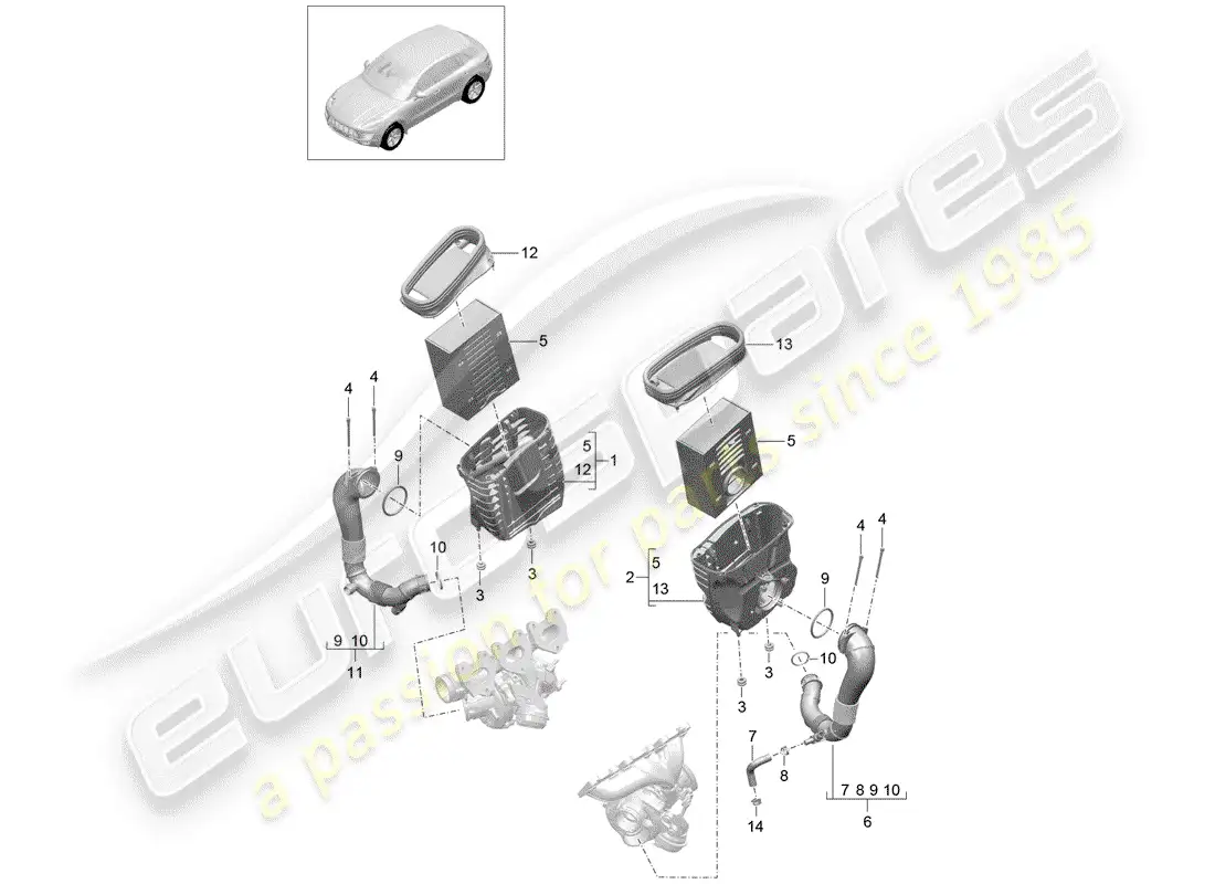 porsche 2014 (macan) air filter with connecting parts parts diagram
