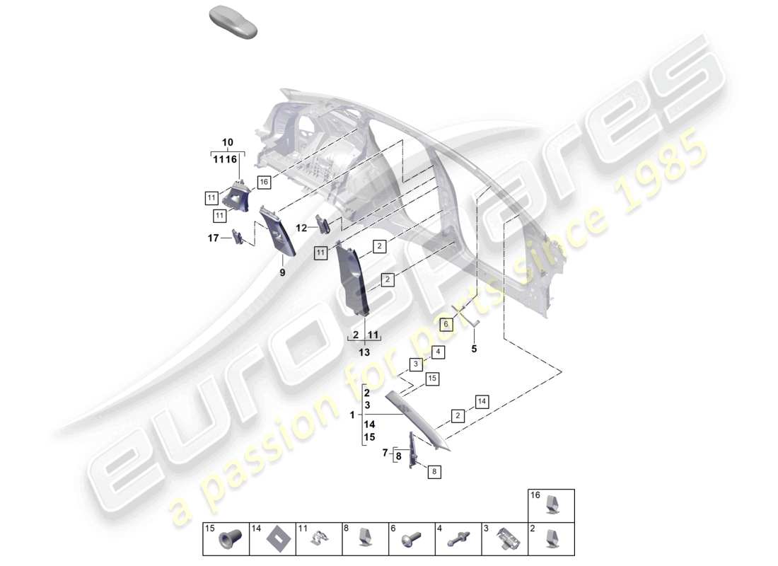 porsche 2026 (cayenne e3 pa) trim upper a-pillar b-pillar c-pillar trim and deformation element part diagram