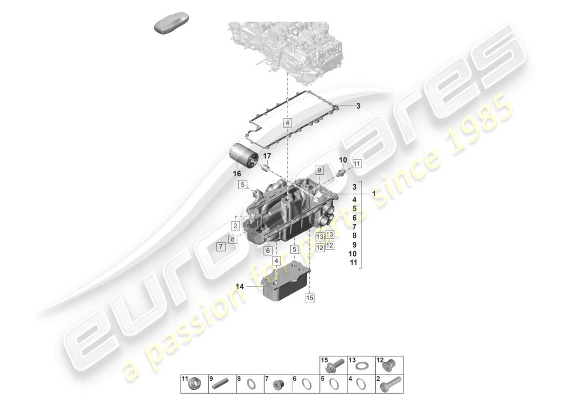 porsche 2023 (992-1 gt3/rs/st) engine (oil press./lubrica.) oil filter heat exchanger oil-conducting housing parts diagram
