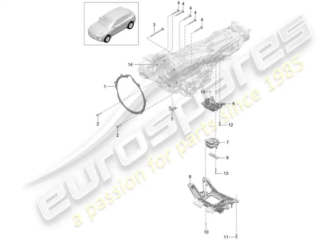 porsche 2014 (macan) mounting parts for engine and transmission transmission carrier parts diagram