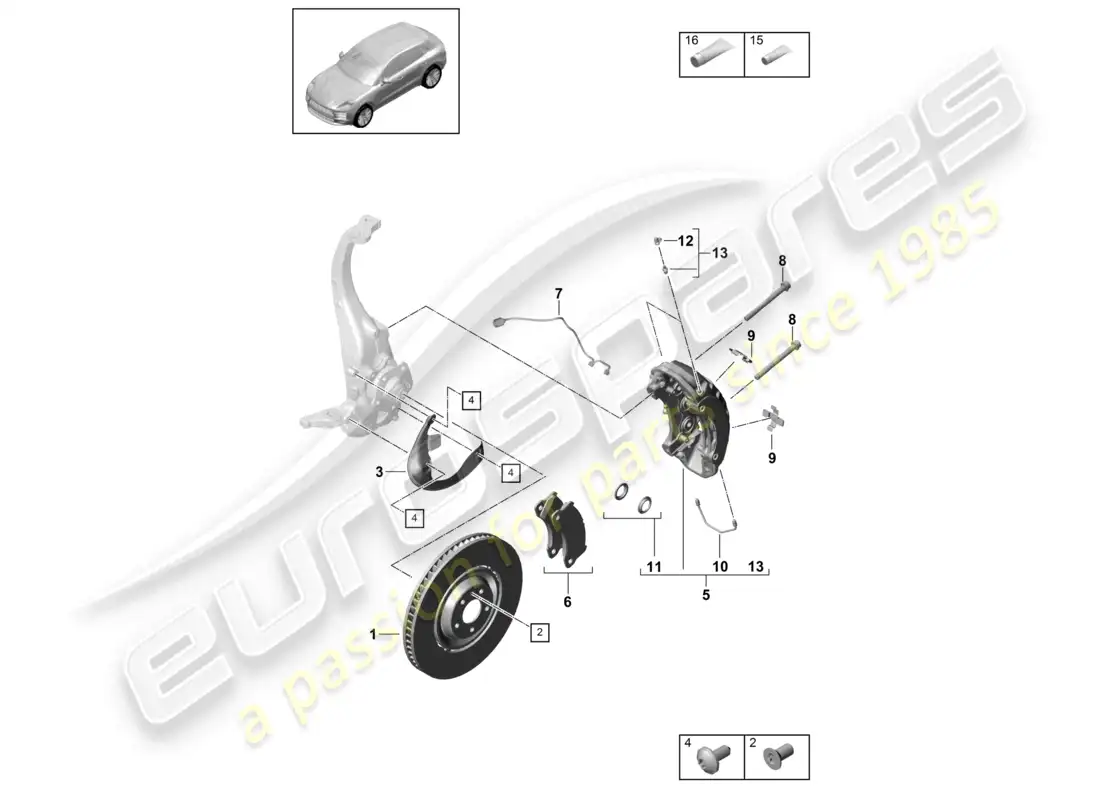 porsche 2020 (macan) disc brake front axle yellow d - mj 2022>> parts diagram