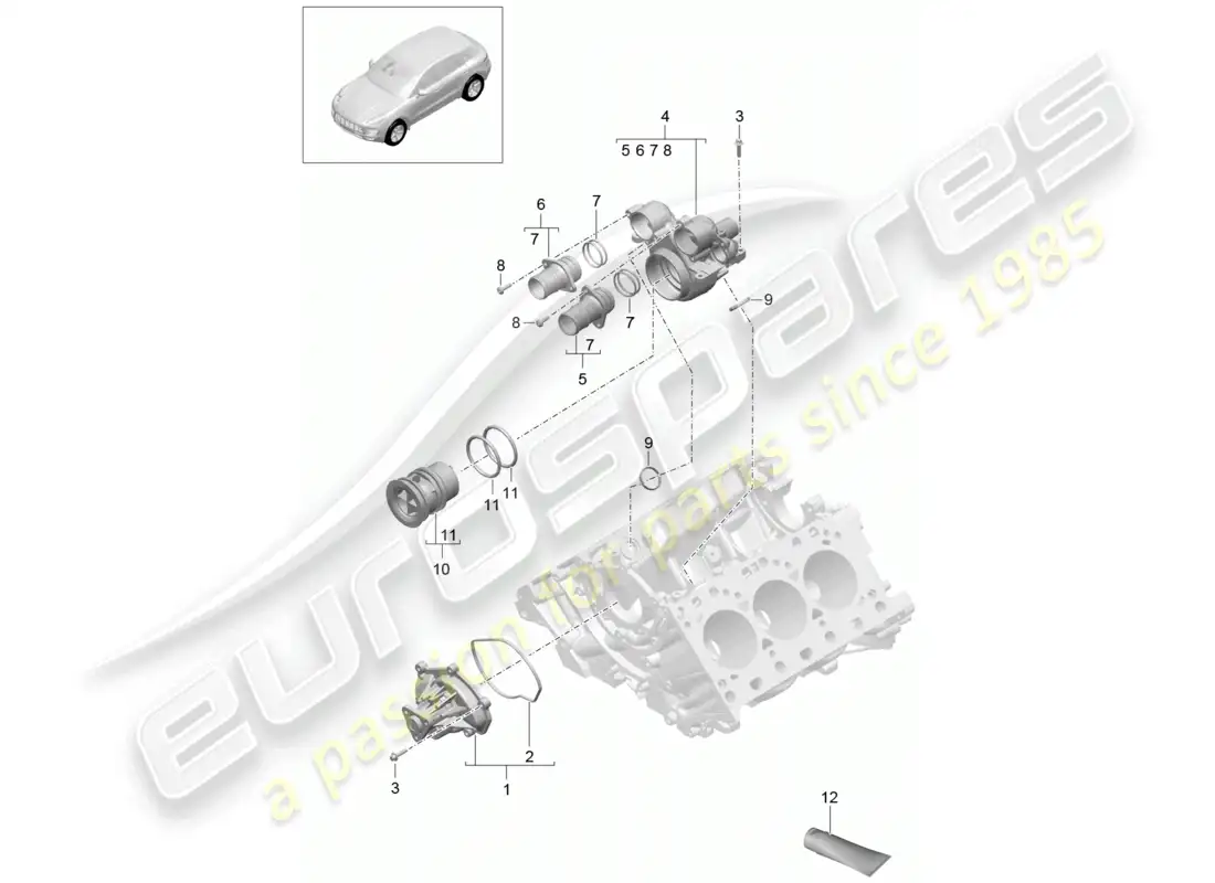 porsche 2014 (macan) coolant pump thermostat housing parts diagram