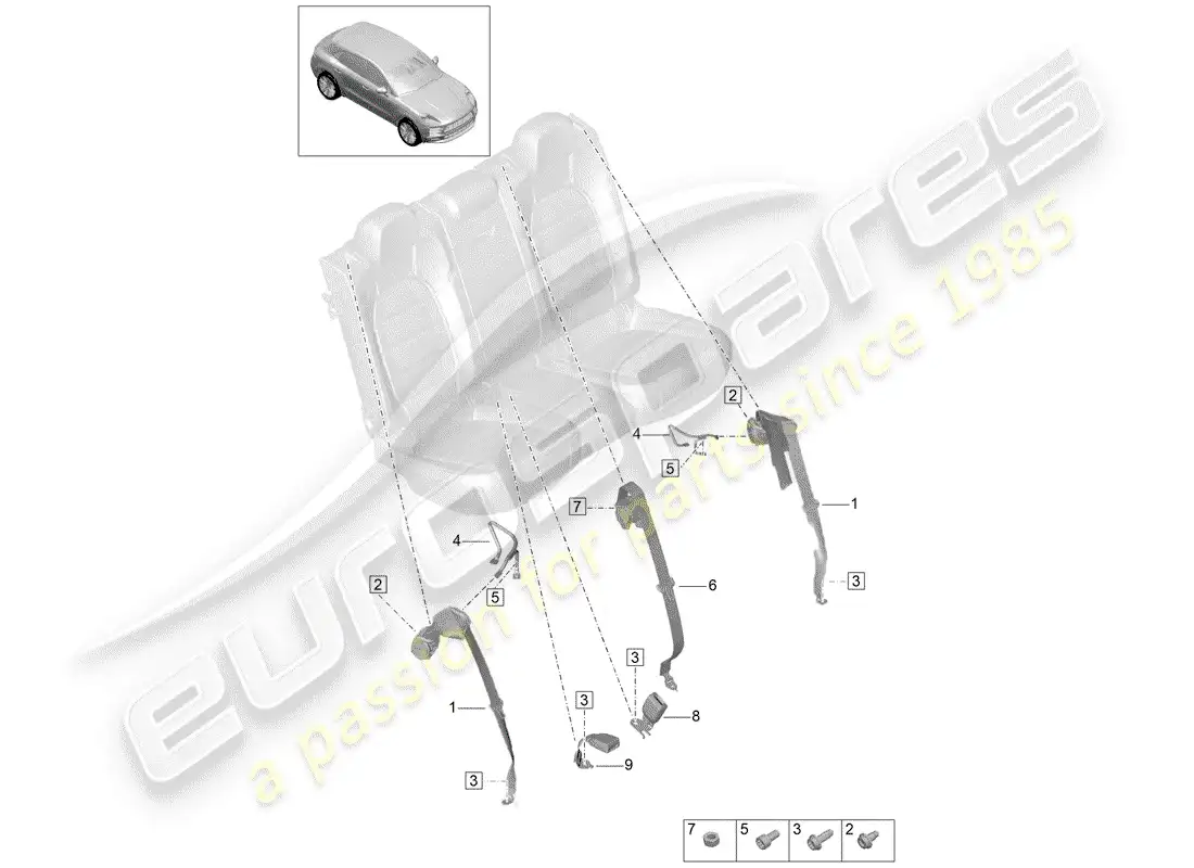 porsche 2020 (macan) three-point safety belt rear belt latch parts diagram