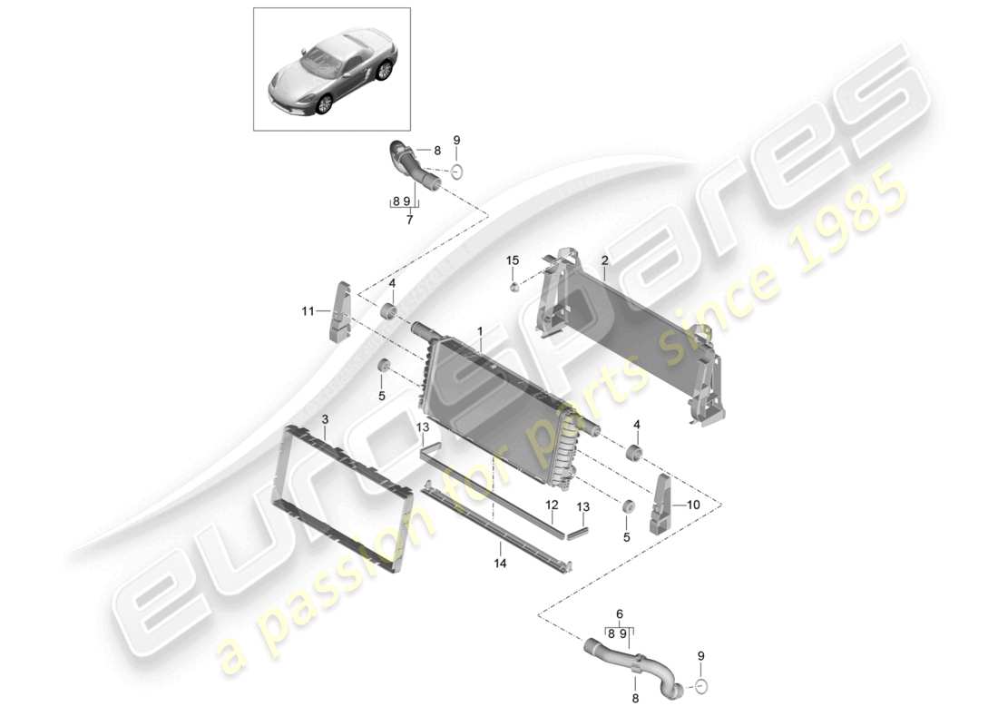 porsche 2022 (718 boxster) cooler for coolant center parts diagram