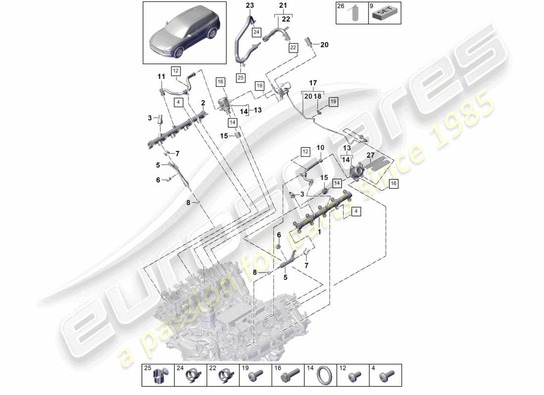 porsche 2023 (cayenne e3 9ya/9yb) fuel collection pipe high-pressure injector high pressure pump part diagram