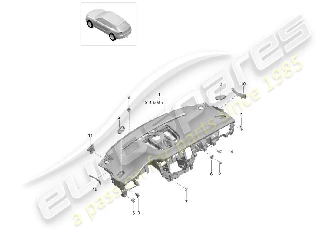 porsche 2014 (macan) instrument panel trim upper part fasteners parts diagram