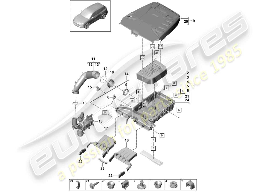 porsche 2024 (cayenne e3 9ya/9yb) air filter with connecting parts engine cover parts diagram