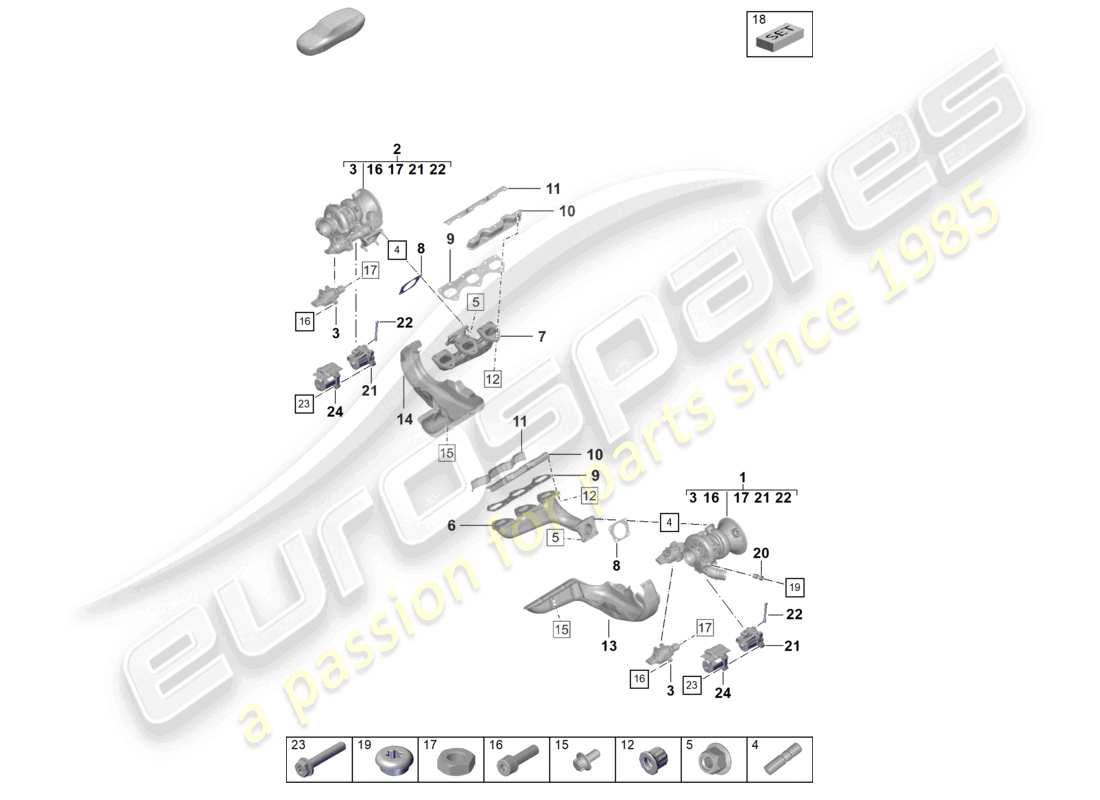 porsche 2022 (992-1 turbo / s) exhaust gas turbocharger exhaust manifolds parts diagram