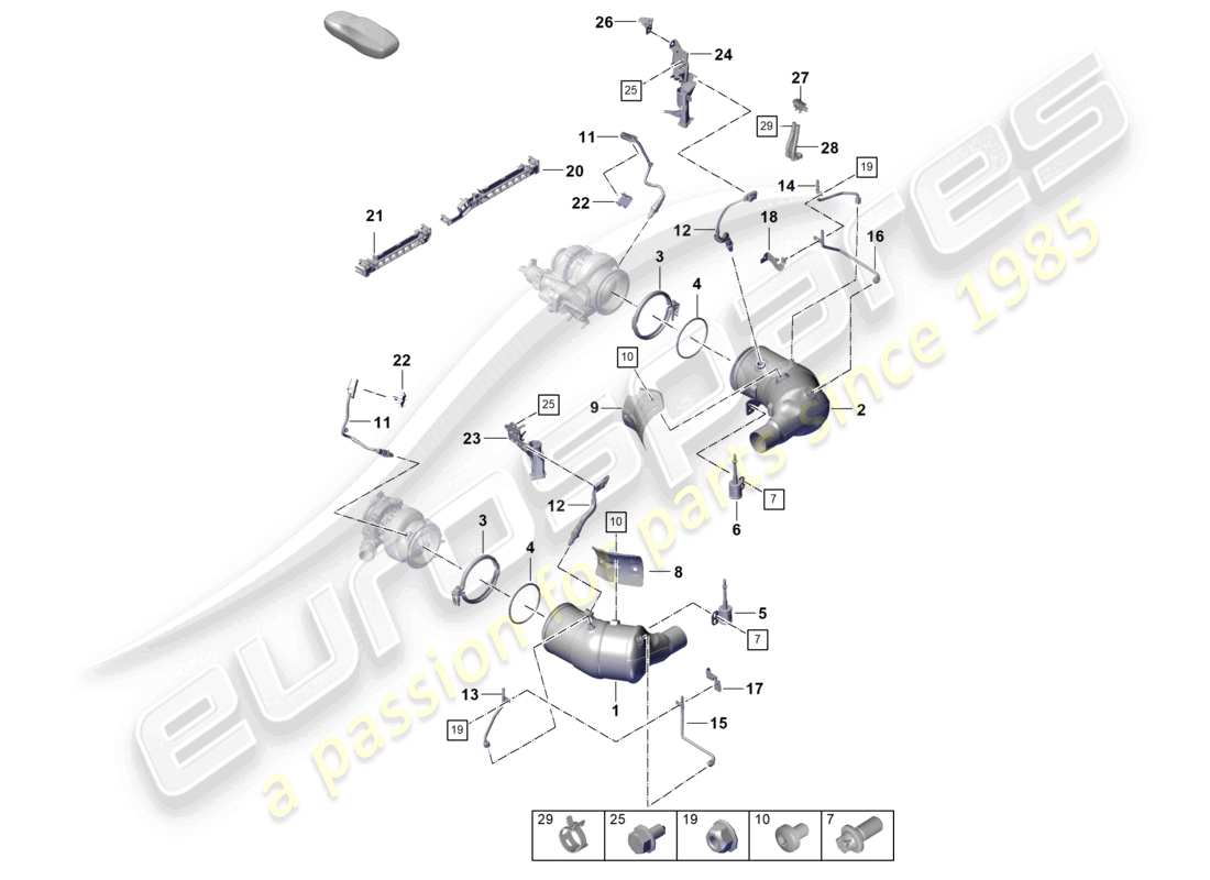 porsche 2022 (992-1 turbo / s) catalytic converter petrol particulate filter fastenings and sensors parts diagram