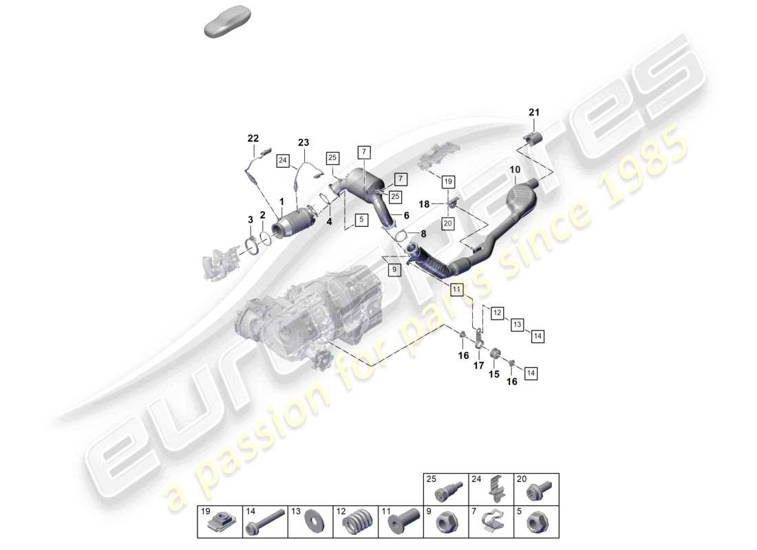 porsche 2026 (cayenne e3 pa) exhaust system catalytic converter with petrol particulate filter exhaust pipe with front silencer lambda probe part diagram