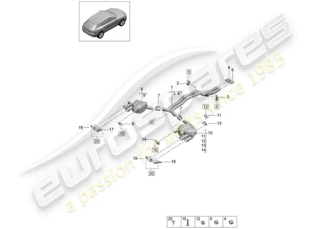 porsche 2020 (macan) exhaust system front silencer rear silencer parts diagram