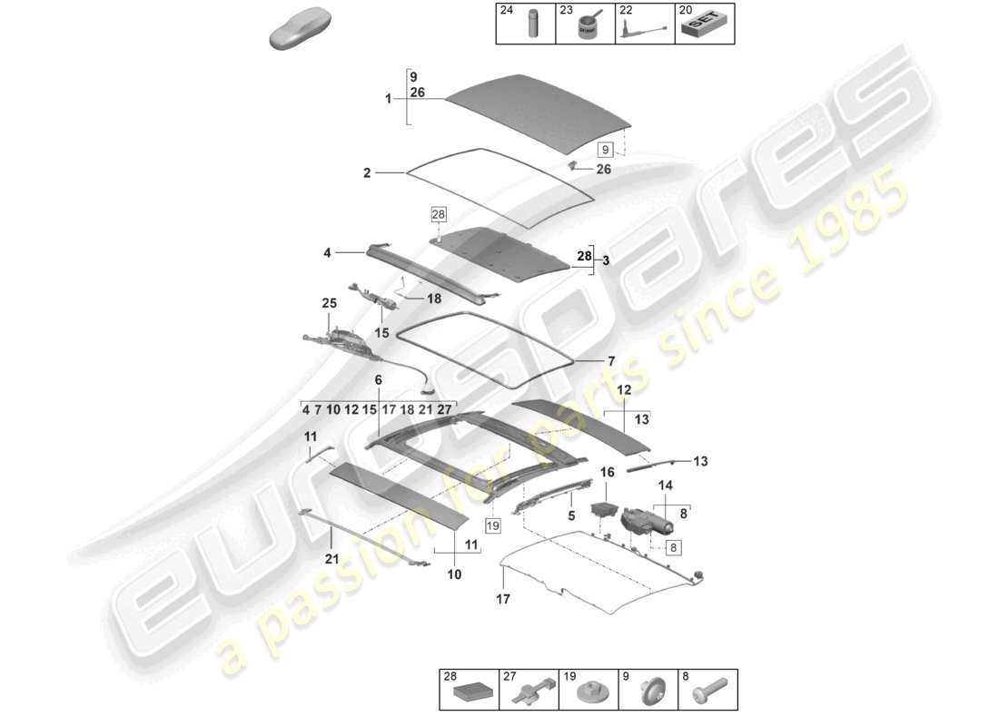 porsche 2023 (992-1) sliding/tilting roof parts diagram