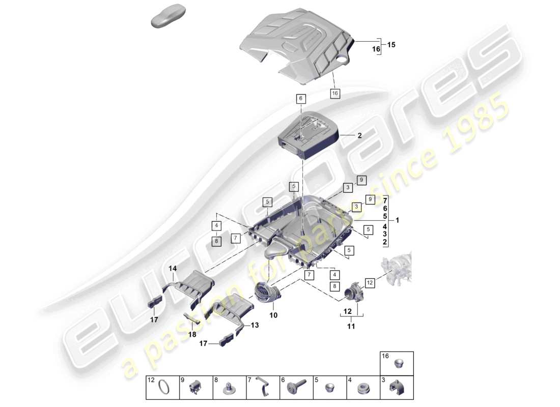 porsche 2023 (cayenne e3 pa) air filter with connecting parts engine cover part diagram