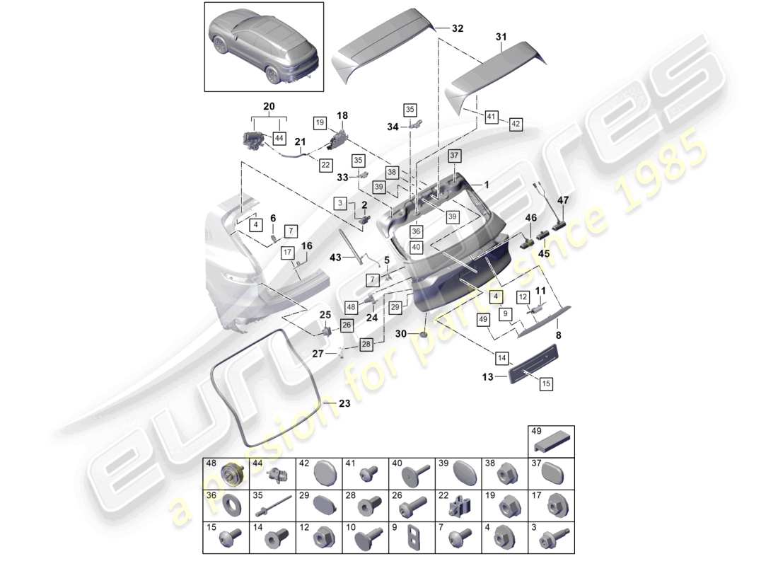 porsche 2023 (cayenne e3 9ya/9yb) rear lid part diagram