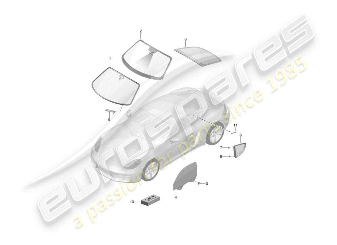 porsche 2025 (718 cayman) windscreen side window rear window part diagram