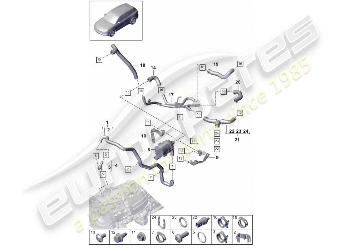 porsche 2022 (cayenne e3 9ya/9yb) coolant cooling system coolant hoses part diagram