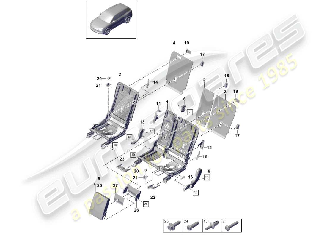 porsche 2023 (cayenne e3 9ya/9yb) back seat backrest trim accessories standard seat part diagram