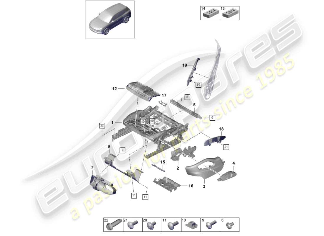 porsche 2023 (cayenne e3 9ya/9yb) seat frame comfort seat part diagram
