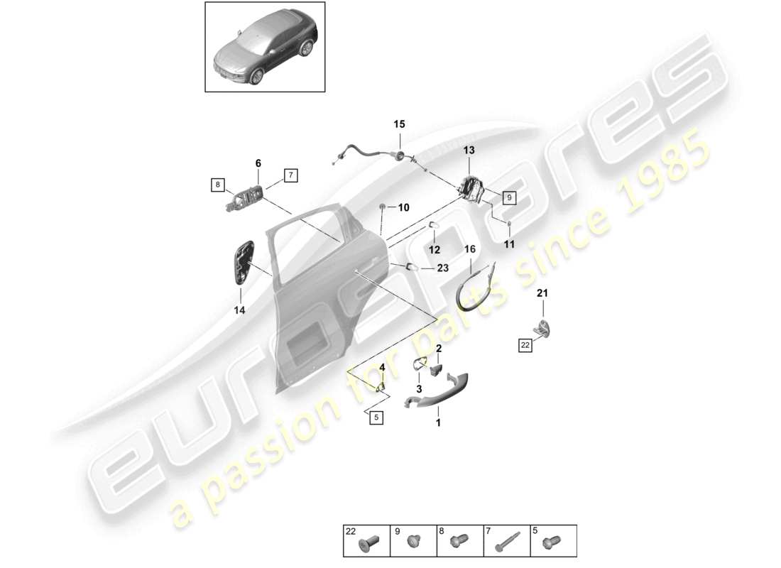 porsche 2023 (cayenne e3 9ya/9yb) door handle, exterior rear door lock coupe part diagram