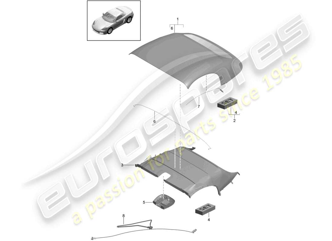 porsche 2024 (718 boxster) convertible top covering moulded headliner parts diagram