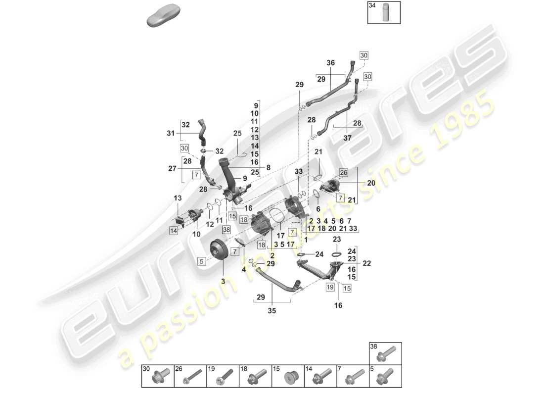 porsche 2023 (992-1) coolant pump thermostat thermostat housing parts diagram