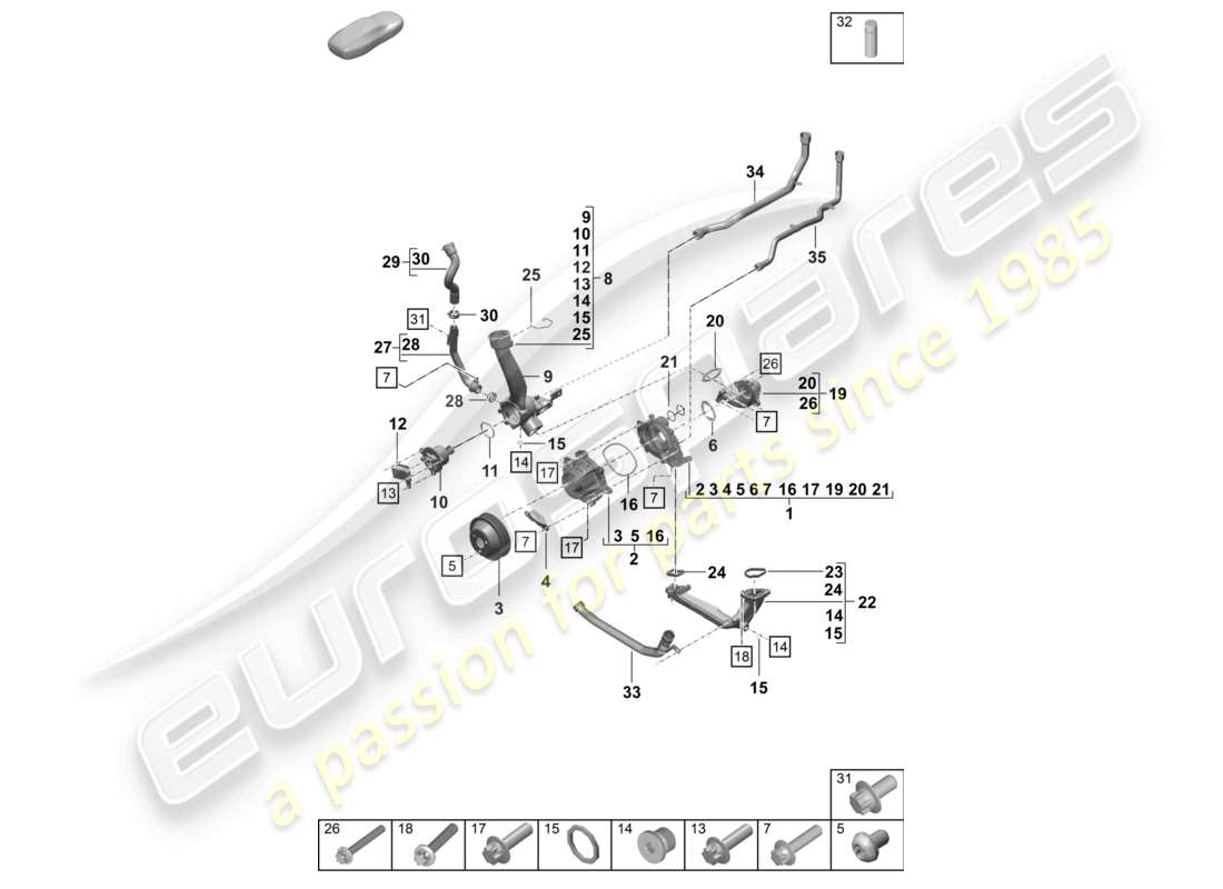 porsche 2023 (992-1 turbo / s) coolant pump thermostat thermostat housing parts diagram