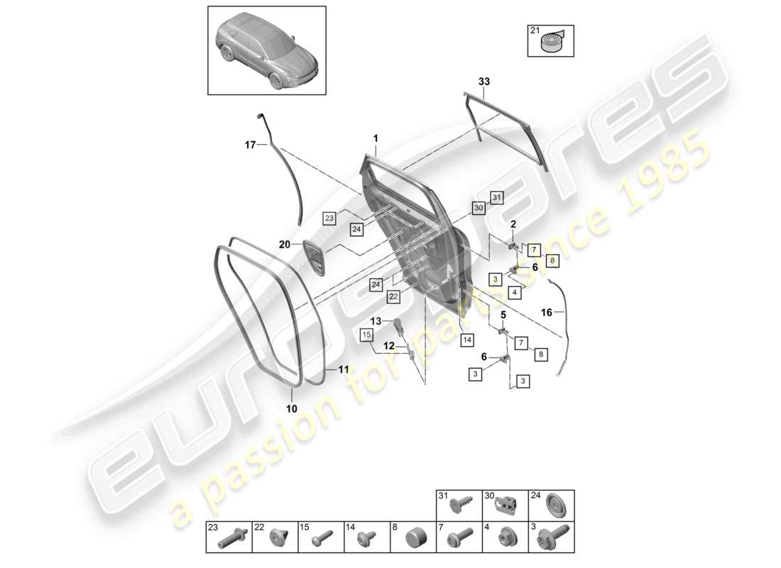 porsche 2023 (cayenne e3 9ya/9yb) door shell rear gaskets part diagram