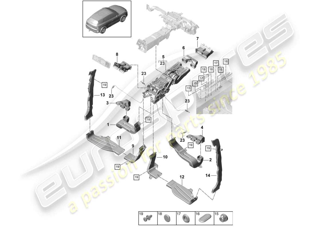 porsche 2022 (cayenne e3 9ya/9yb) air guide air conditioning passenger compartment for vehicles with 2nd heat exchanger part diagram