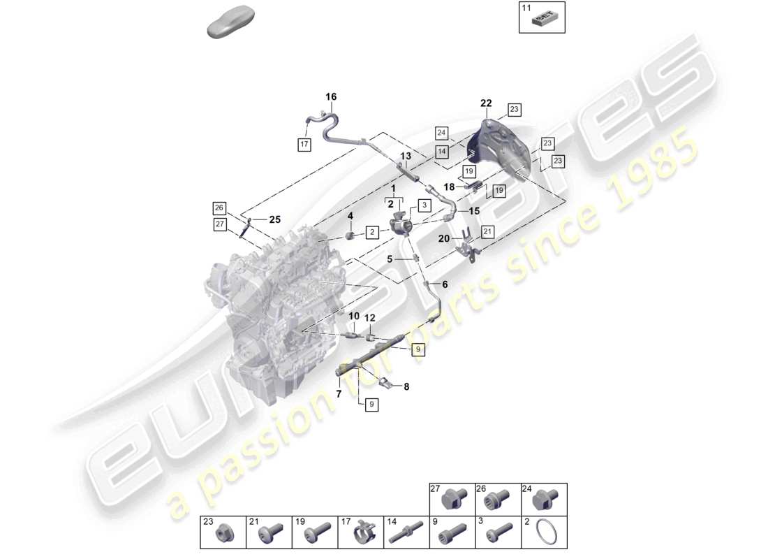 porsche 2026 (cayenne e3 pa) fuel collection pipe high-pressure injector high pressure pump fuel line part diagram