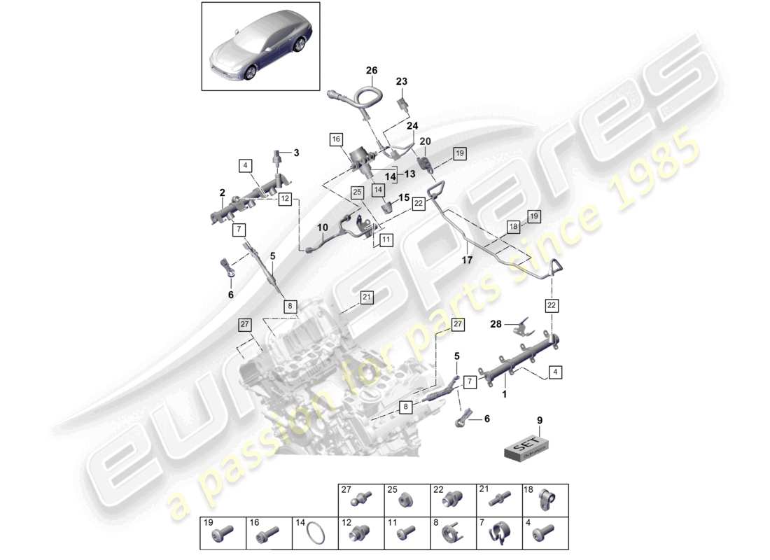 porsche 2021 (panamera 971-1) fuel collection pipe high-pressure injector high pressure pump part diagram