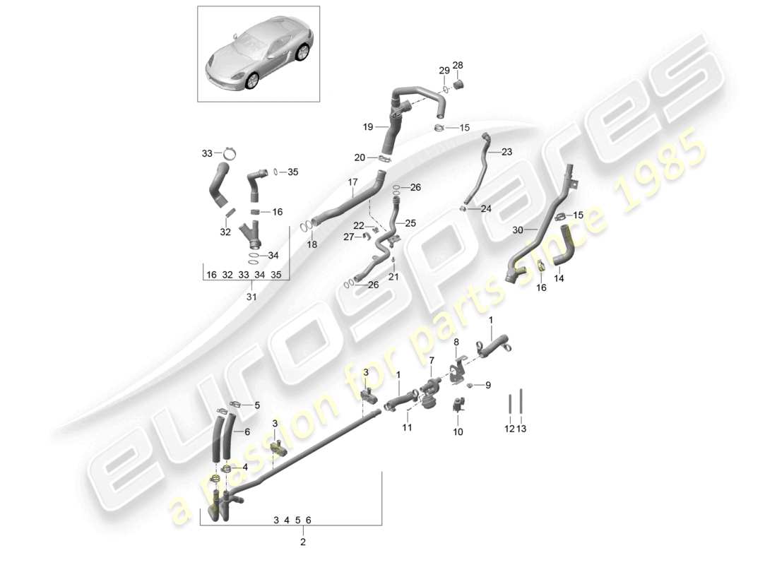 porsche 2024 (718 cayman) coolant cooling system water pipe parts diagram