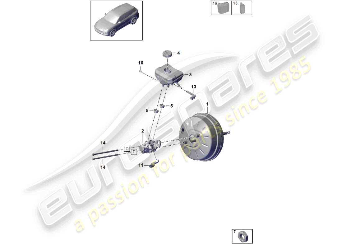 porsche 2021 (cayenne e3 9ya/9yb) brake master cylinder brake servo part diagram