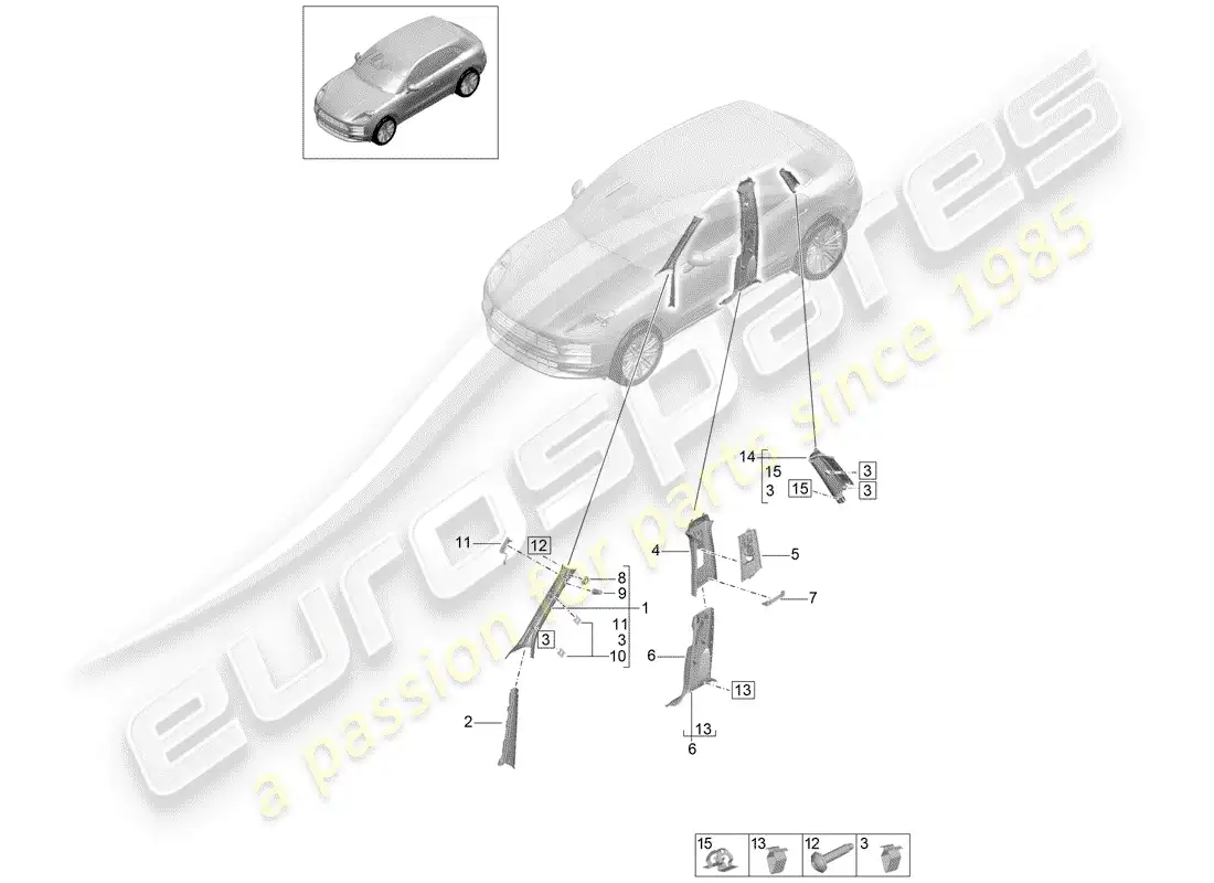 porsche 2020 (macan) a-pillar trim upper b-pillar trim c-pillar trim parts diagram