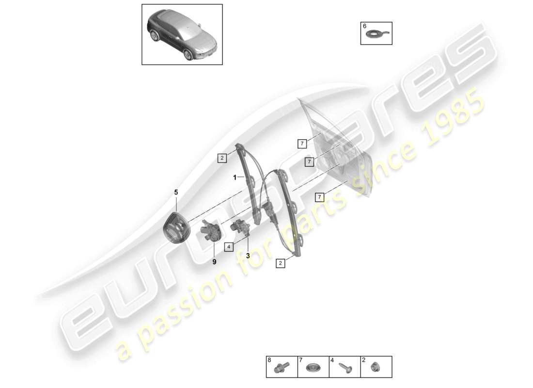 porsche 2022 (cayenne e3 9ya/9yb) window regulator front assembly carrier part diagram