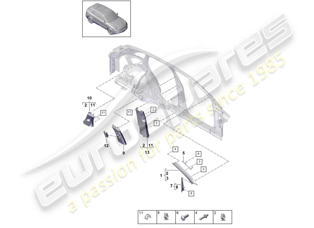 porsche 2023 (cayenne e3 9ya/9yb) trim upper a-pillar b-pillar c-pillar trim and deformation element part diagram