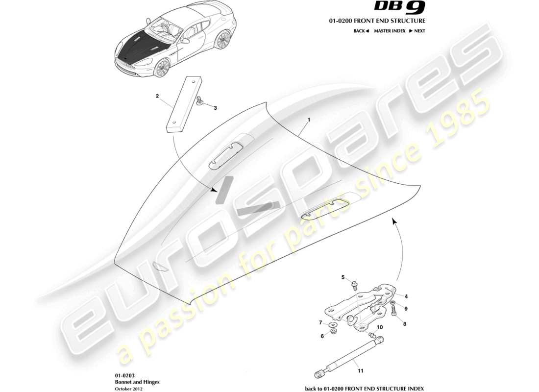aston martin db9 (2016) bonnet and hinges parts diagram