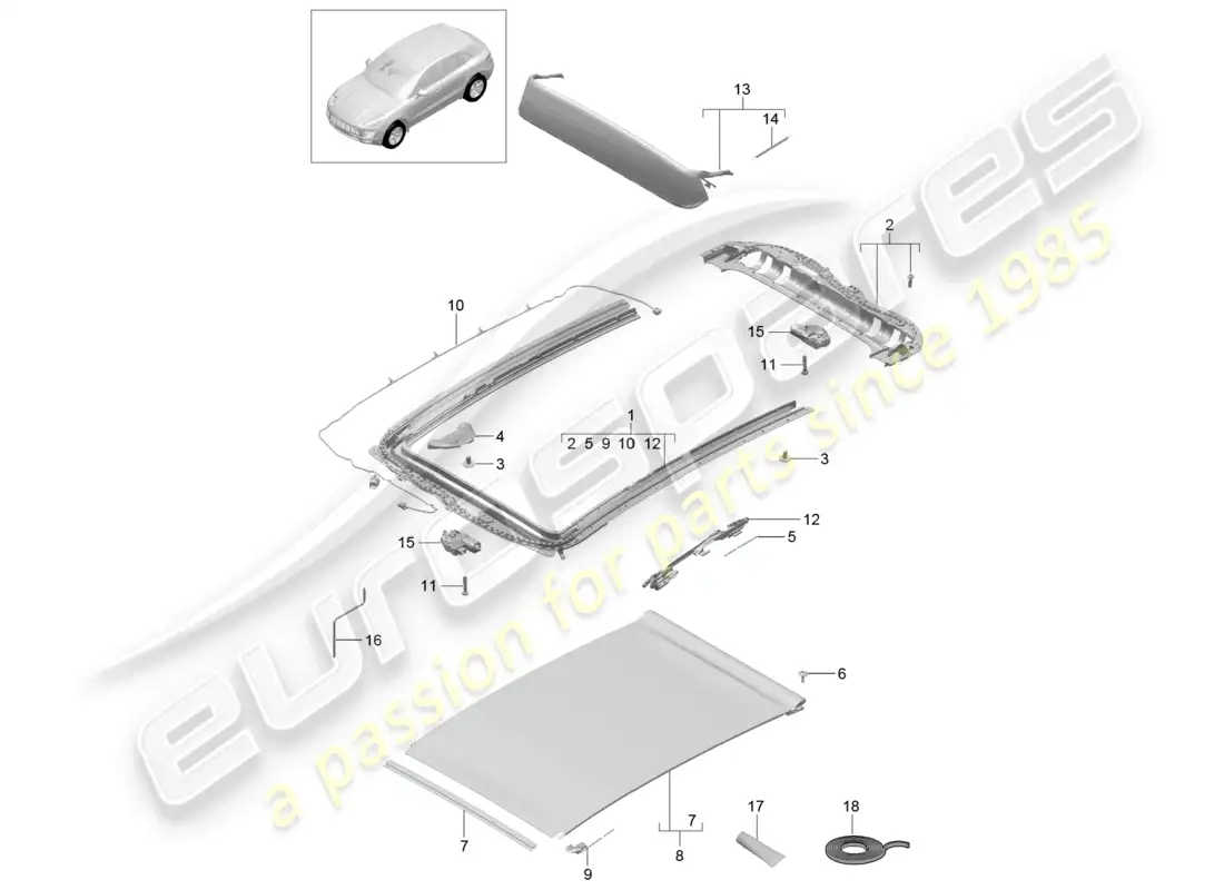 porsche 2014 (macan) glass roof frame accessories parts diagram