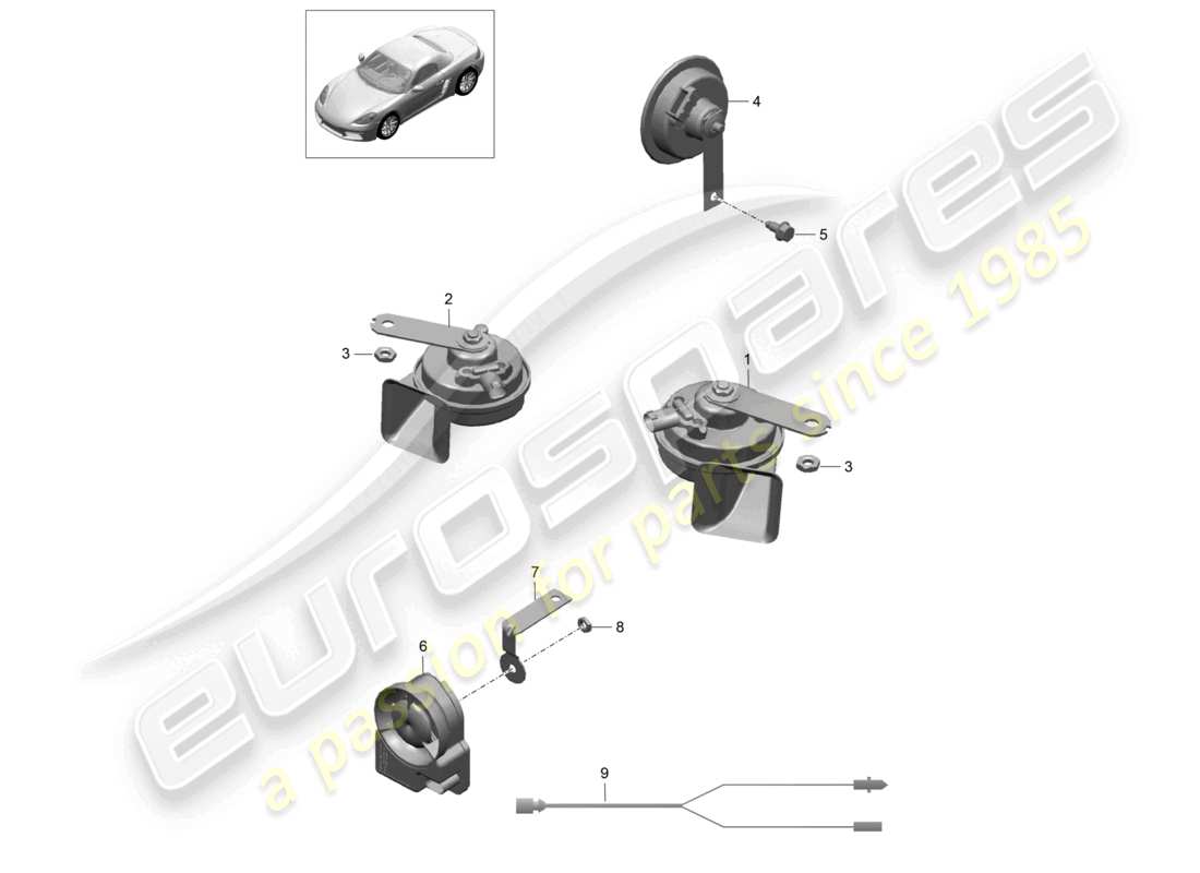 porsche 2023 (718 boxster) fanfare signal horn alarm system part diagram