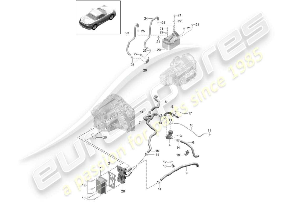 porsche 2026 (718 boxster) - pdk - gearbox heat exchanger oil pipe water pipe part diagram