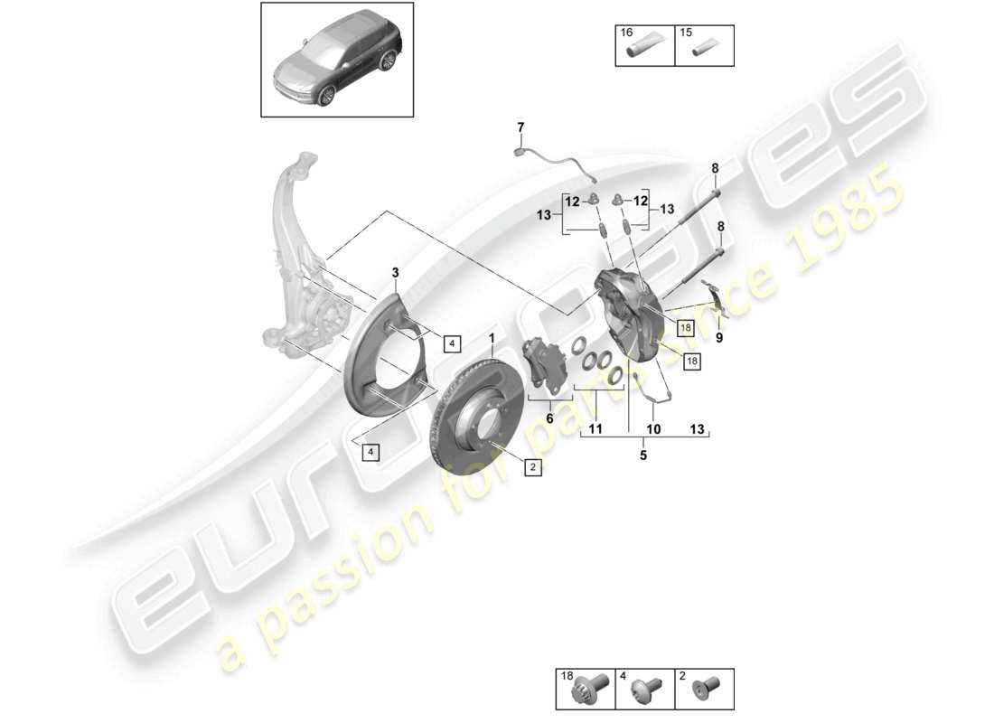 porsche 2023 (cayenne e3 9ya/9yb) disc brake 18 front axle black/green part diagram