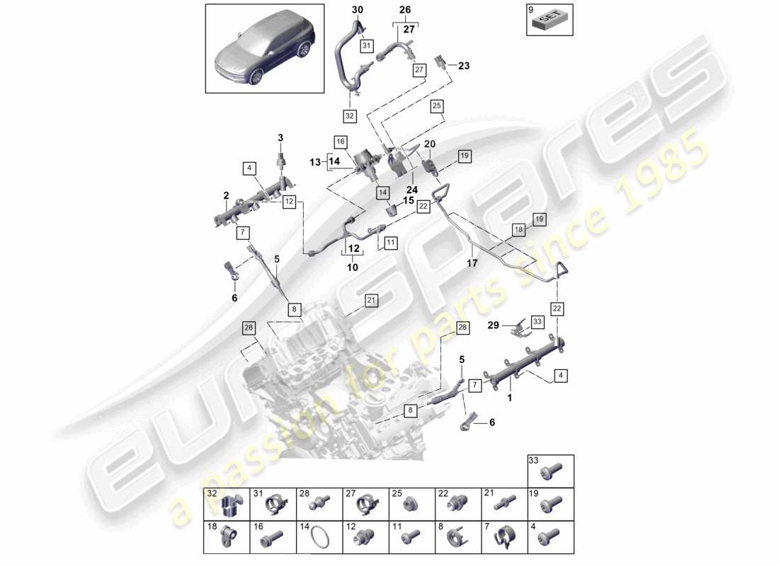 porsche 2022 (cayenne e3 9ya/9yb) fuel collection pipe high-pressure injector high pressure pump part diagram