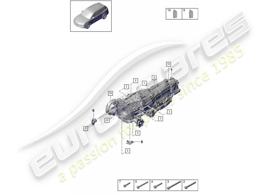 porsche 2022 (cayenne e3 9ya/9yb) 8-speed automatic gearbox for vehicles with hybrid drive mounting parts for engine and transmission part diagram