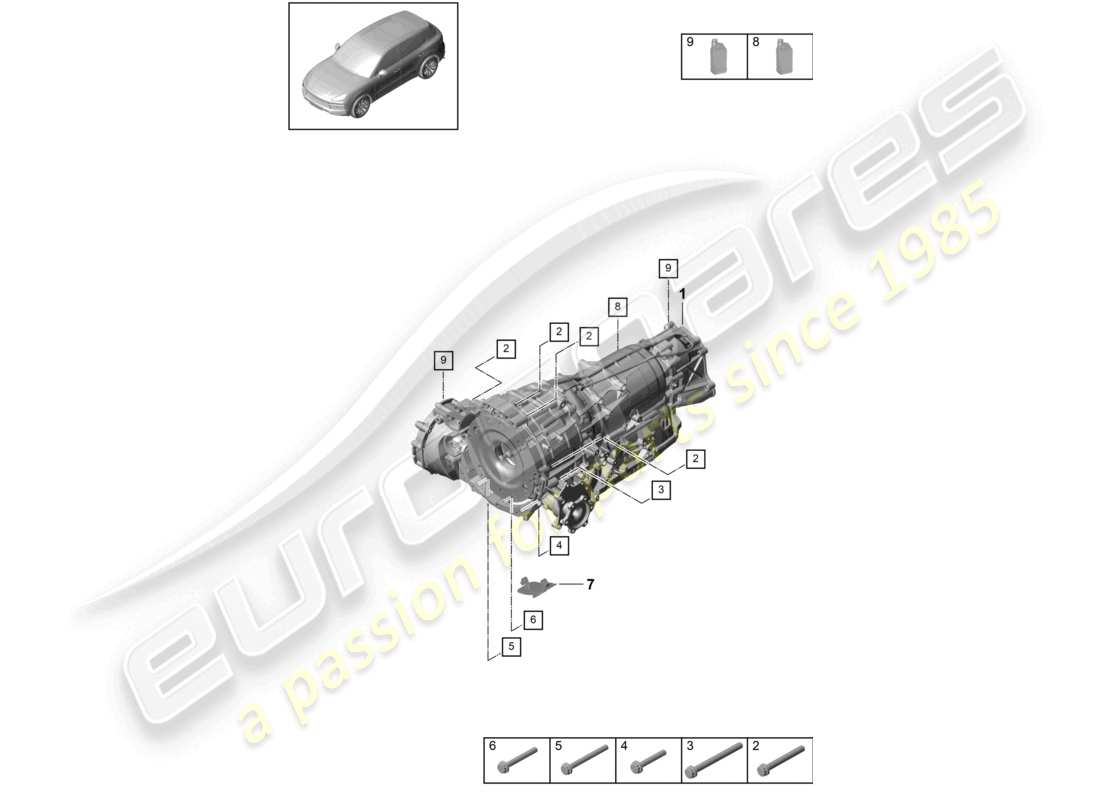 porsche 2023 (cayenne e3 9ya/9yb) 8-speed automatic gearbox for four-wheel drive mounting parts for engine and transmission part diagram
