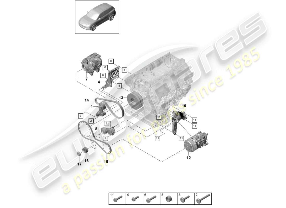 porsche 2022 (cayenne e3 9ya/9yb) poly-v-belt belt tensioner damper part diagram