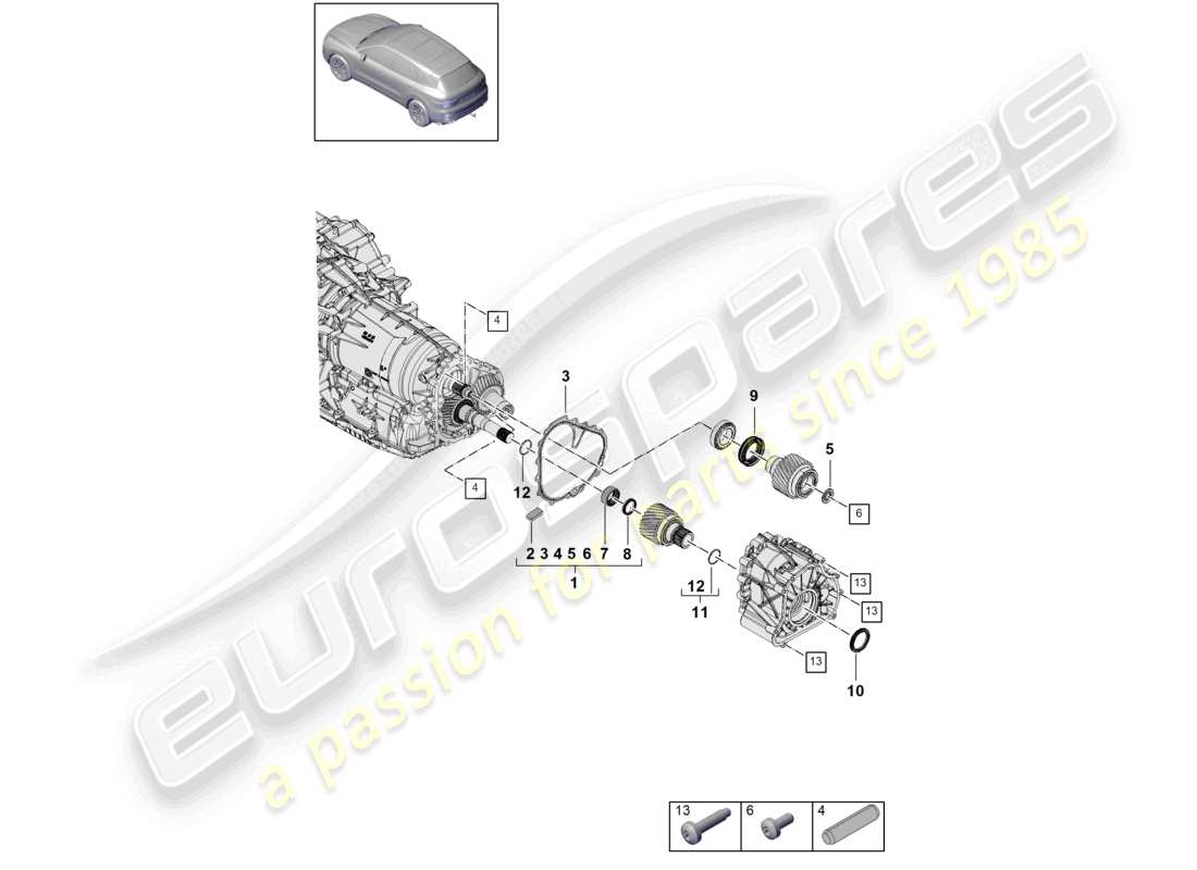 porsche 2022 (cayenne e3 9ya/9yb) 8-speed automatic gearbox for four-wheel drive output gear axle shaft part diagram