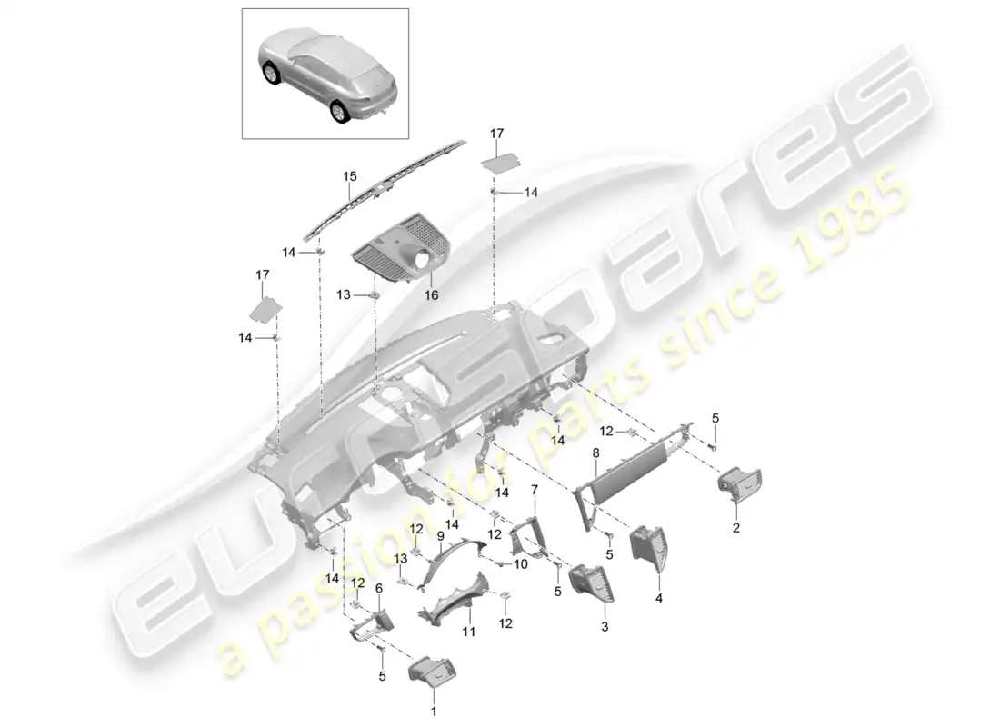 porsche 2014 (macan) accessories instrument panel trim upper part parts diagram