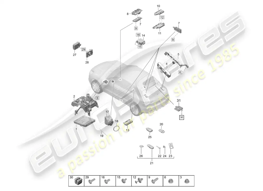 porsche 2020 (macan) control units control unit (bcm) for conv. system & ob power supply for vehicles with kessy (access and start auth.) aerial for access and start authorisation (kessy) control unit for auxiliary heater handheld transmitter parts diagram