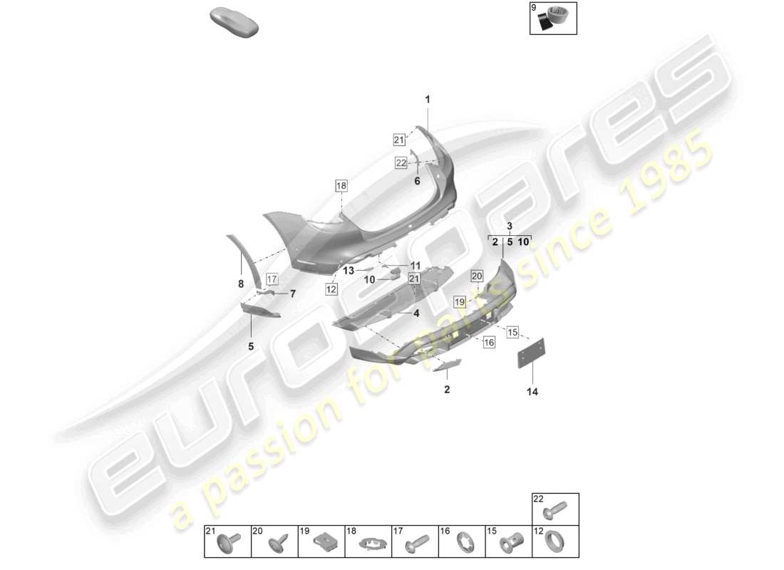 porsche 2020 (taycan 9j1-1) bumper rear for equipment variant: basic offroad cross turismo part diagram
