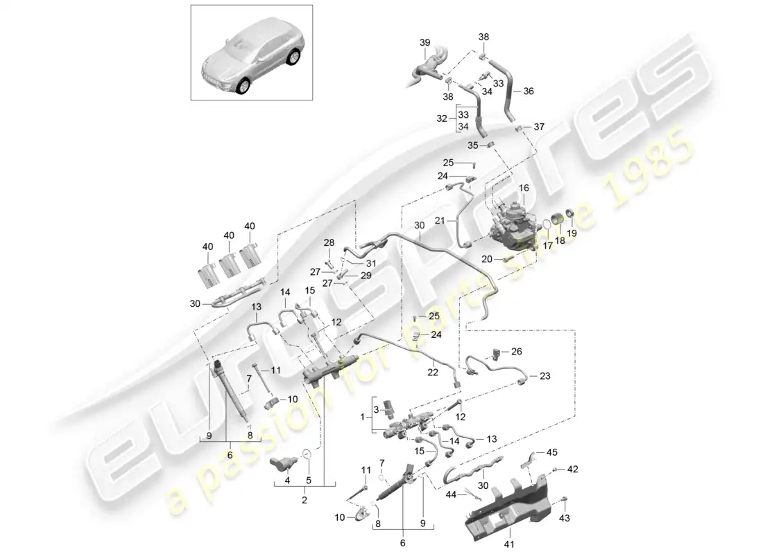 porsche 2014 (macan) fuel collection pipe high-pressure injector high pressure pump parts diagram