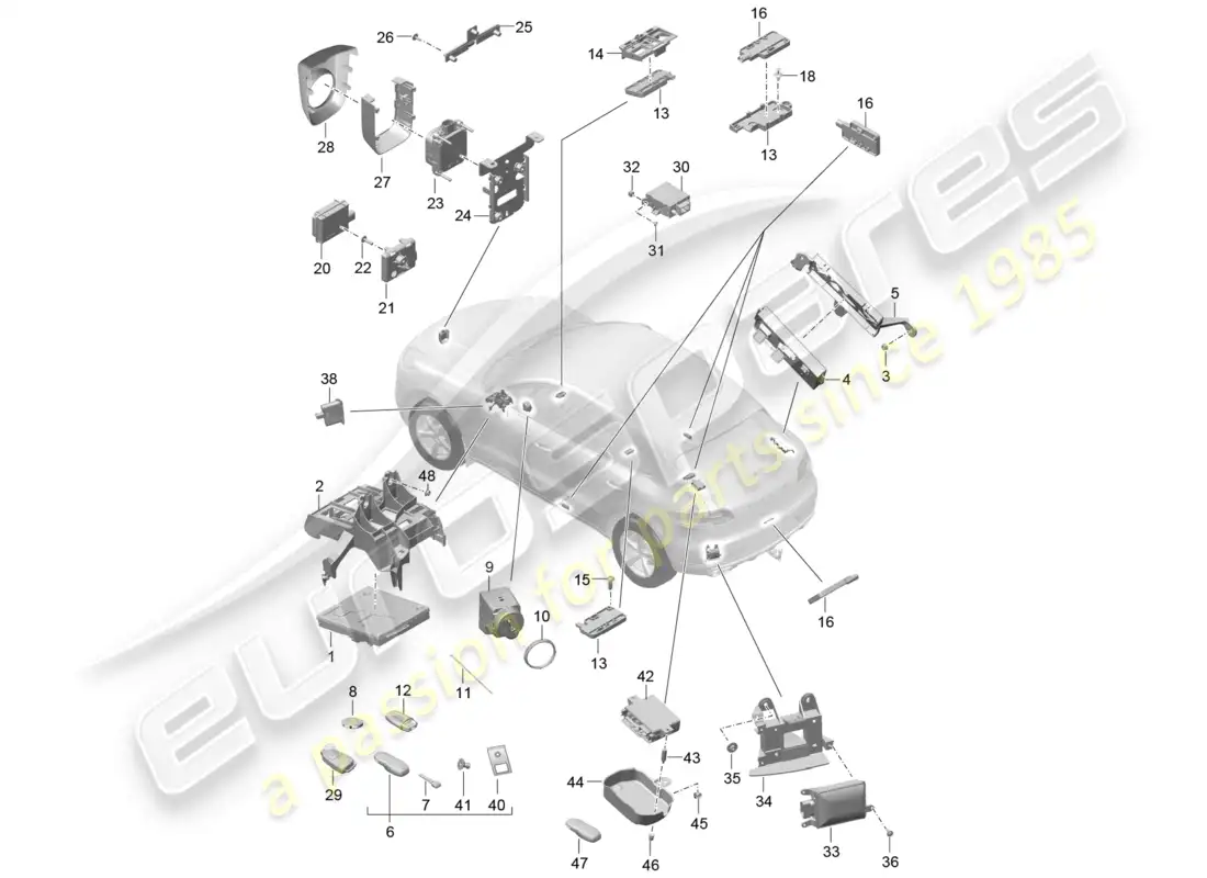 porsche 2014 (macan) control units front end rear end ignition/starter switch handheld transmitter for vehicles with radio controlled garage door opener for radio receiver auxiliary heater aerial control unit for lane change assist parts diagram